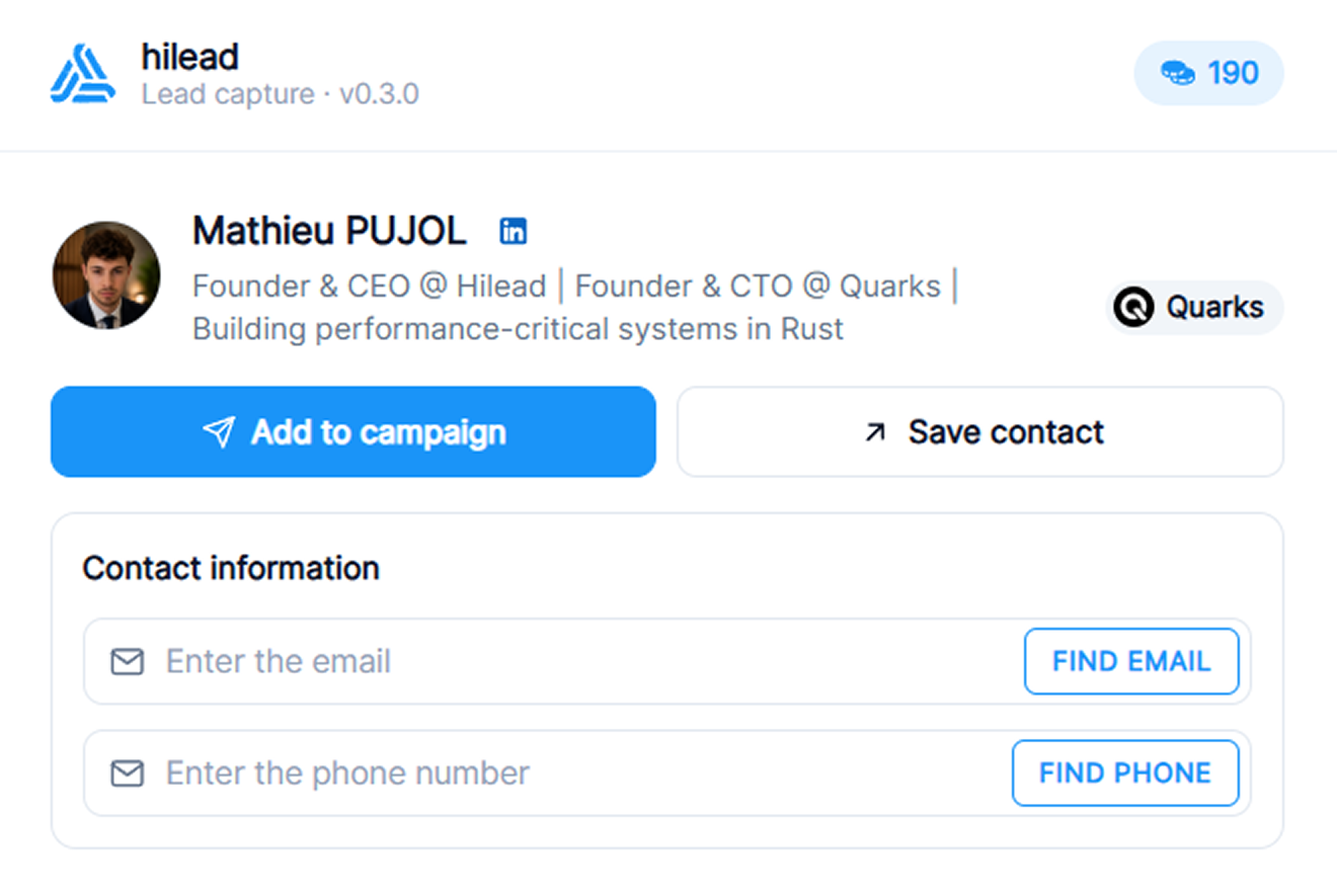 Hilead Chrome extension on a LinkedIn profile, showing Find email and Find phone buttons and Add to campaign