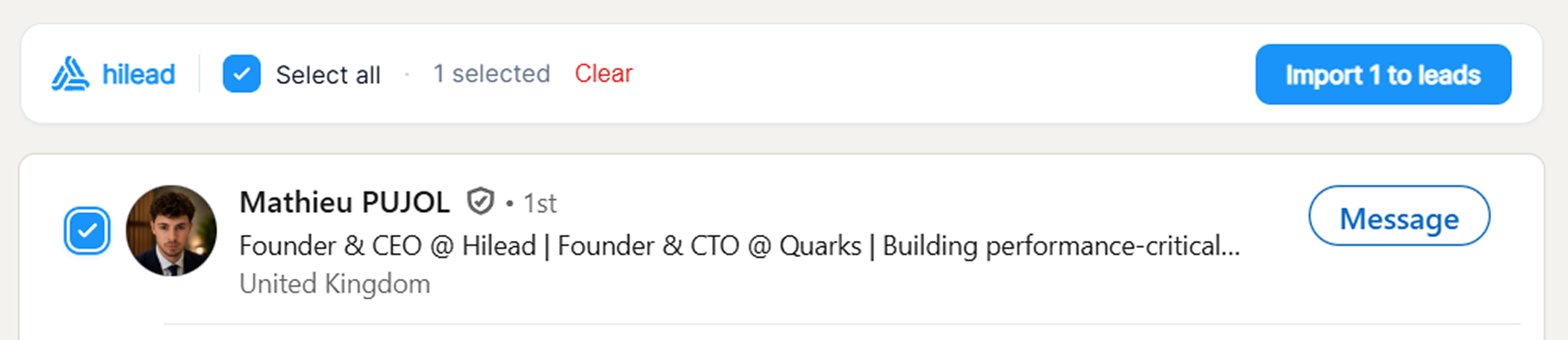 Hilead extension on a LinkedIn people-search page — a prospect selected with the Import to leads button