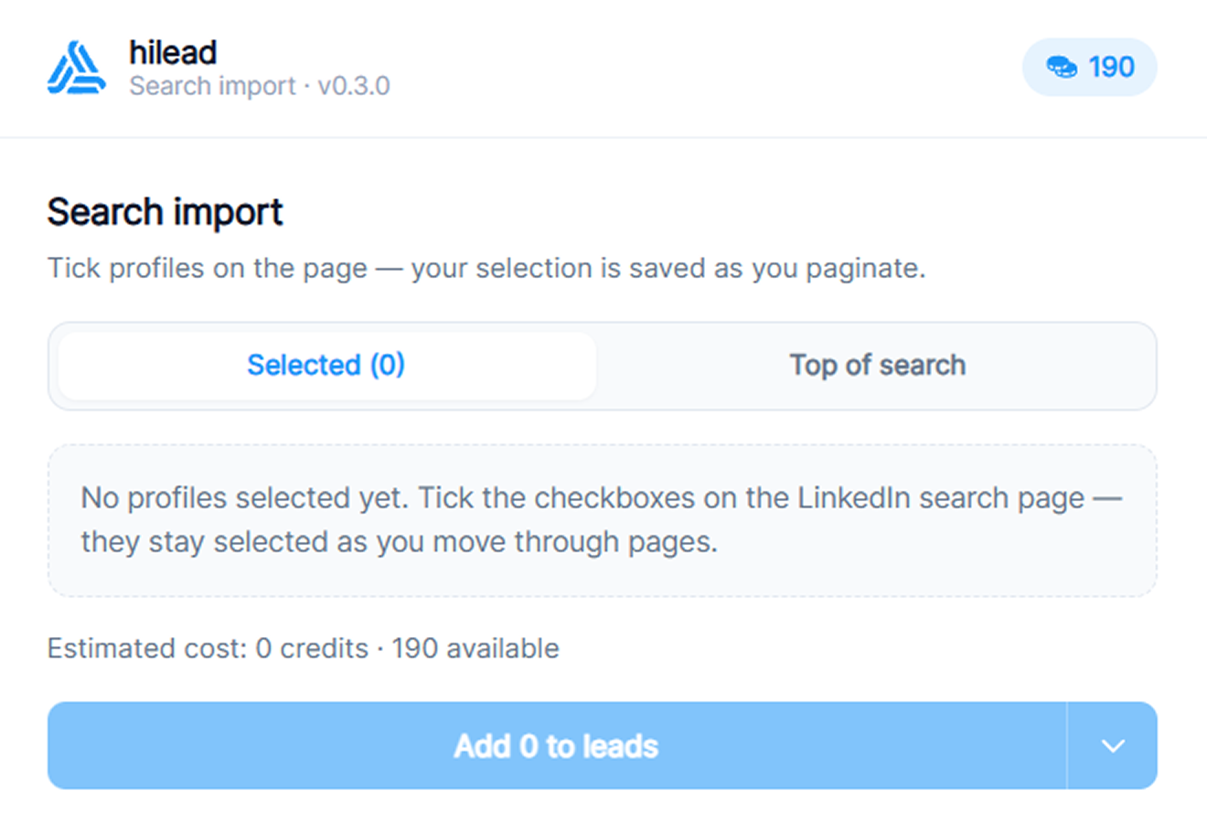 The Hilead Search import panel in the Chrome extension, ready to capture ticked LinkedIn profiles
